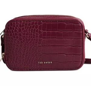 Ted Baker Mini Crossbody Camera Bag Burgundy Croc Embossed Leather Gold Hardware